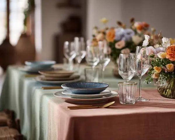Tavola apparecchiata con piatti blu e beige, bicchieri e fiori colorati. Un esempio di come abbinare i piatti alla tovaglia sfumata.