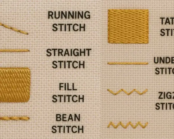 Esempi di punti ricamo: running stitch, straight stitch, fill stitch, bean stitch, tatami stitch, underlay stitches, zigzag stitches.