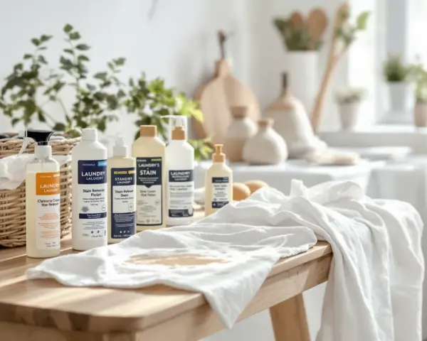 Prodotti per bucato e un panno bianco con macchie gialle. Un aiuto gentile per le macchie.