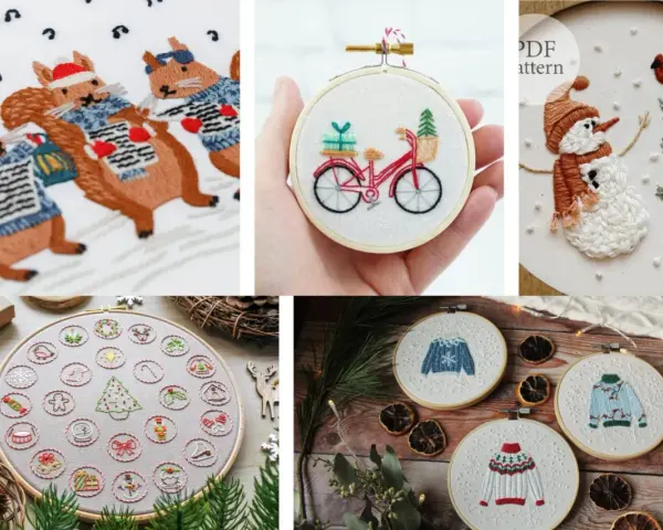Ricami gratis per Natale: scoiattoli festosi, pupazzo di neve, bici con pacchi regalo e maglioni natalizi.