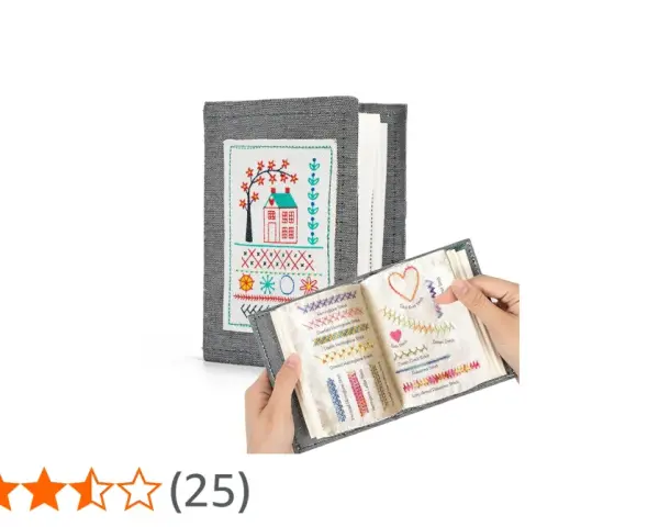A book of embroidery stitches, with a cover featuring a house and tree, and open pages showing various stitched patterns.