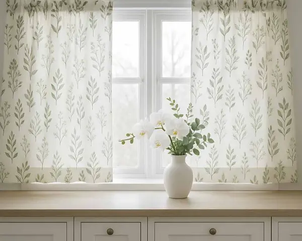 Tende fai da te con delicato motivo botanico, perfette per un tocco naturale. Un vaso di orchidee bianche completa l'arredo.