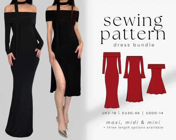 Modello per abito con scollo Bardot e tre opzioni di lunghezza vestito: maxi, midi e mini.