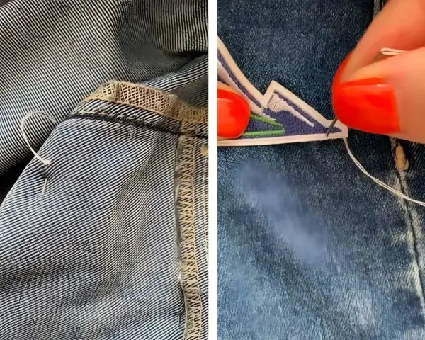 Dettaglio di come rattoppare i jeans con ago e filo, mostrando la cucitura interna e un patch decorativo applicato.