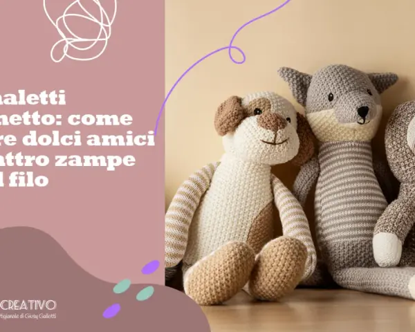 Three handmade crochet stuffed animals: a dog, a wolf, and a sloth.