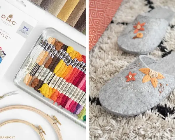 Kit per imparare come ricamare a mano: fili colorati, forbici, telai e pantofole decorate con fiori ricamati.