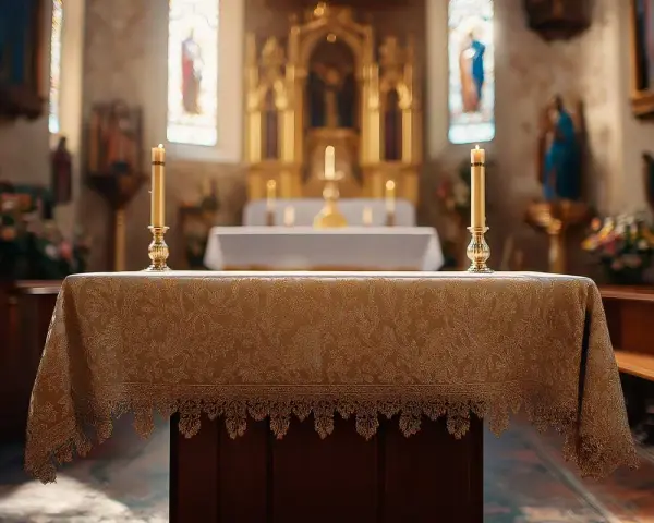La tovaglia dell'altare, detta anche paliotto, è riccamente decorata con un motivo floreale dorato e un bordo in pizzo. Due candele dorate illuminano l'altare.