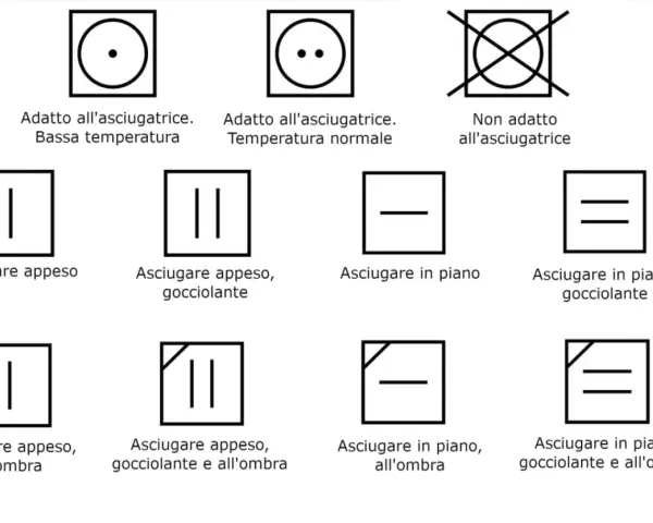 Simboli per capire cosa non mettere in asciugatrice: alcuni capi sono adatti, altri vanno asciugati appesi o in piano, all'ombra o gocciolanti.