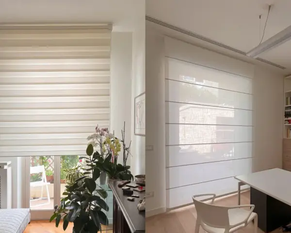 Due diversi tipi di tende: una a rullo a strisce alternate e una a pacchetto in tessuto leggero, che filtrano la luce in ambienti moderni.