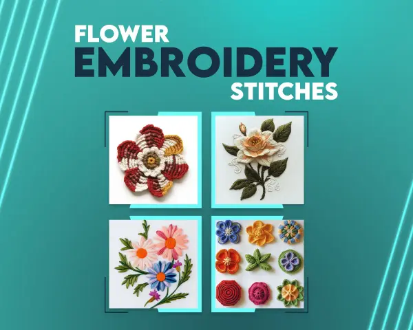Varietà di fiori da ricamare a punto erba, con petali colorati e dettagli intricati.