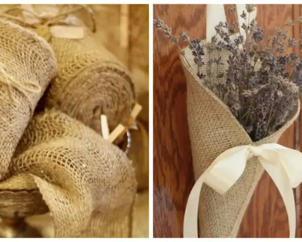 Rotoli di juta pronti per **lavori creativi**. Un mazzetto di lavanda essiccata avvolto in juta, legato con un nastro, decora una porta di legno.
