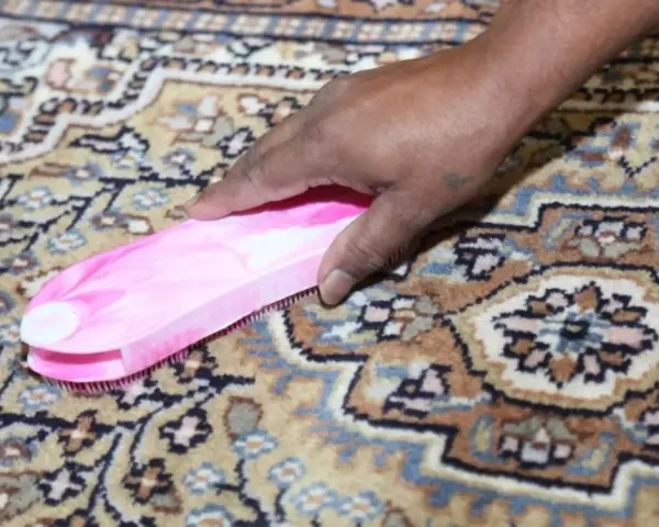 Mano che pulisce un tappeto persiano con una spazzola rosa. Sorprendentemente, si possono lavare i tappeti persiani in lavatrice con cura.