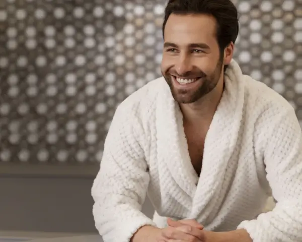 Uomo sorridente in un morbido accappatoio che asciuga bene, con uno sfondo a mosaico.