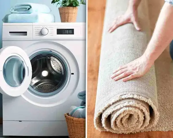Lavatrice con cestello aperto e un tappeto arrotolato. Se la lavatrice non centrifuga il tappeto, potrebbe essere necessario un lavaggio a mano.