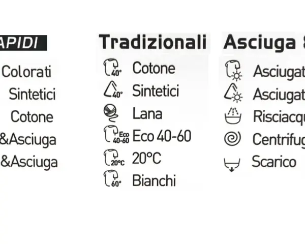 Simbolo centrifuga lavatrice, tra i cicli di lavaggio rapido, tradizionali e asciugatura.