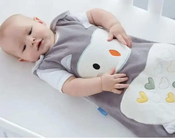 Bambino in sacco nanna con simpatico disegno di gufo. Il sacco nanna è ideale per neonati e bambini piccoli, offrendo comfort e sicurezza durante il sonno.