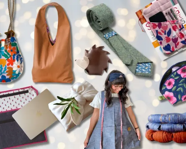 A collage of handmade fabric items: bags, a tie, a hedgehog coin purse, a laptop sleeve, a gift-wrapped item, and a woman in an apron.