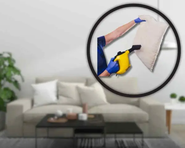 Pulizia profonda del divano per eliminare gli acari. Un braccio con guanto blu usa un pulitore a vapore giallo su un cuscino.