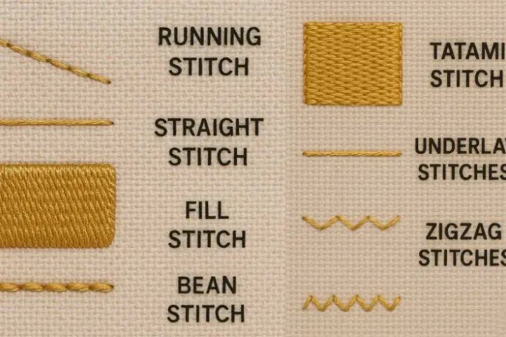 Esempi di punti ricamo: running stitch, straight stitch, fill stitch, bean stitch, tatami stitch, underlay stitches, zigzag stitches.