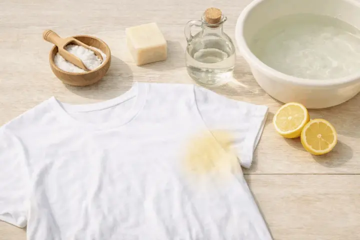 Togliere macchie di sudore vecchie dalla seta con limone, bicarbonato e sapone.