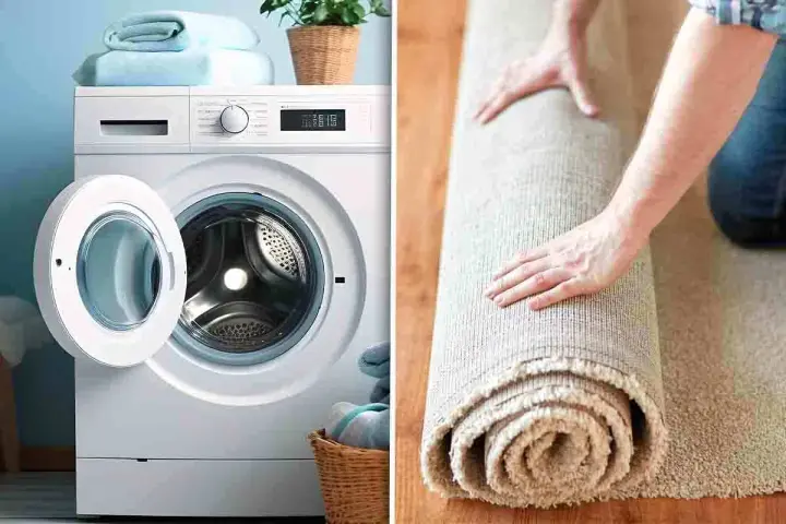 Lavatrice con cestello aperto e un tappeto arrotolato. Se la lavatrice non centrifuga il tappeto, potrebbe essere necessario un lavaggio a mano.