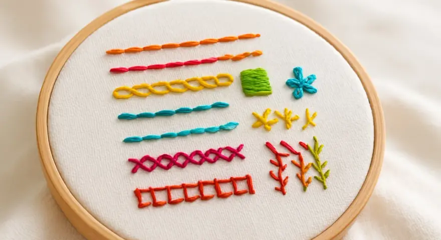 Embroidery hoop with various colorful stitches and patterns on white fabric.