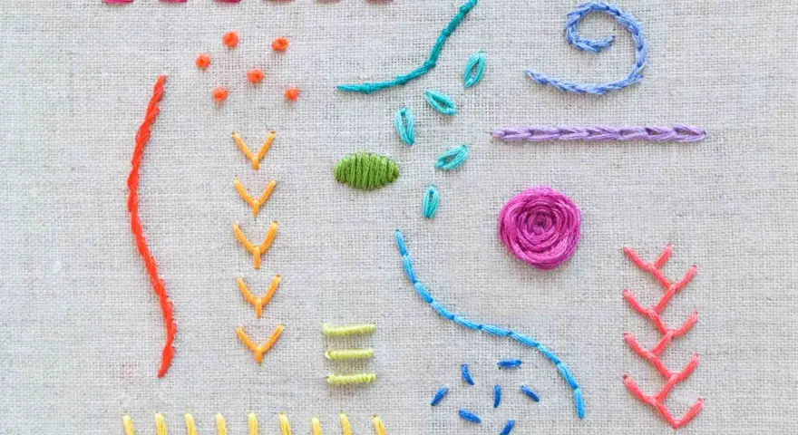 Esercitazione di ricamo a mano su tela: punti base, fiori e forme geometriche colorate.