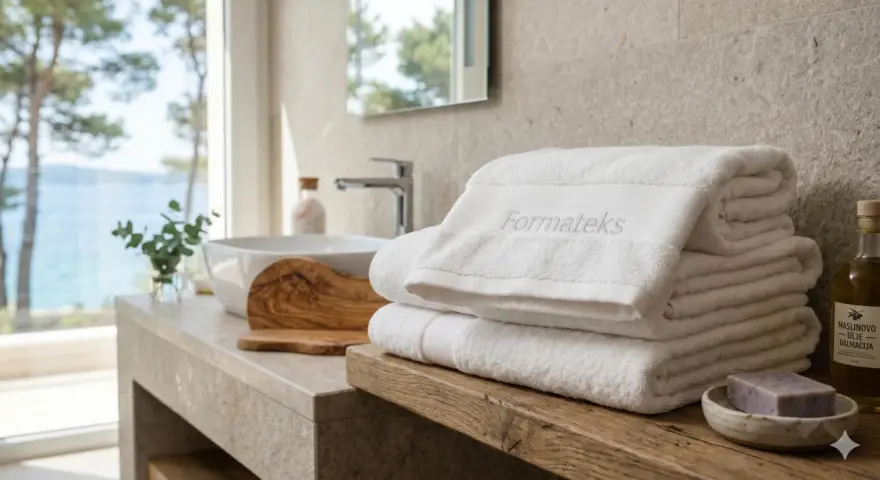 Asciugamani bianchi morbidi, con logo "Formateks", pronti per essere usati. Si possono lavare asciugamani e tovaglie insieme, per un bucato sempre fresco.