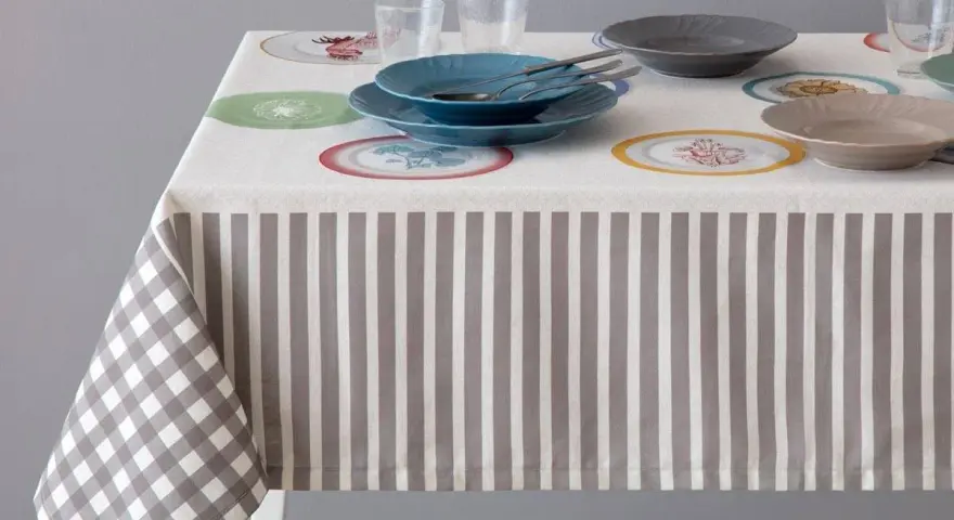 Tovaglia a righe e quadretti con piatti colorati. Un'idea per sapere come smacchiare le tovaglie e mantenerle sempre perfette.