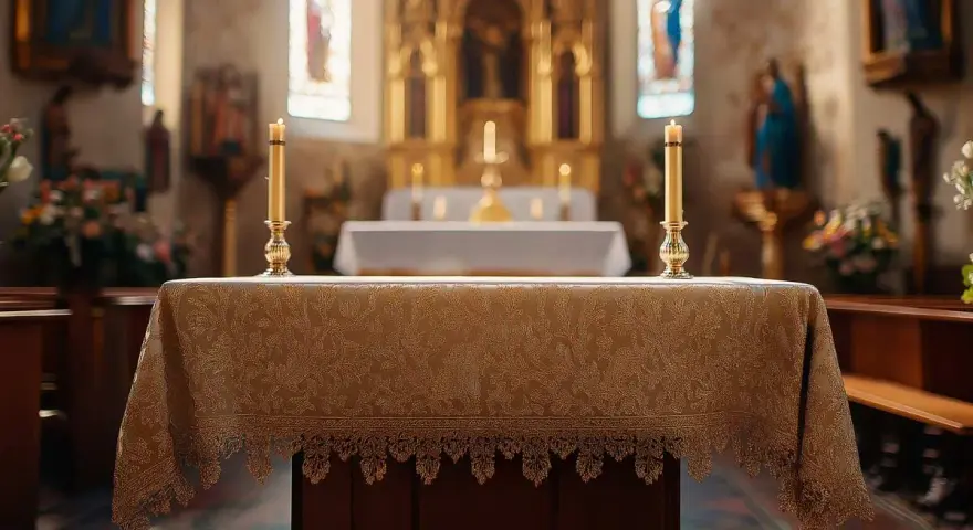 Tavola imbandita con candele accese, pronta per confezionare una tovaglia per altare. L'altare maggiore e le vetrate colorate creano un'atmosfera solenne.