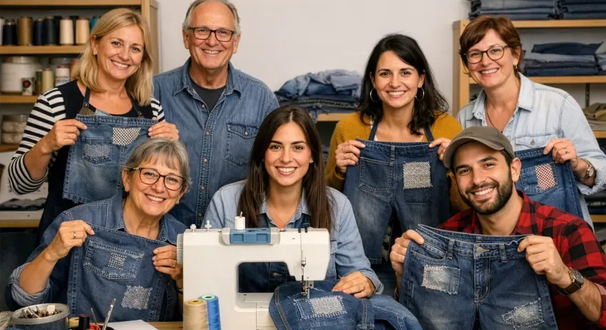Un gruppo sorridente mostra i loro jeans con toppe decorative, un esempio di rammendo jeans a mano.
