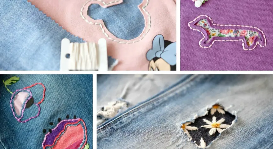 Ricamo creativo per rammendare un buco: un bassotto fiorato, un topolino e fiori su jeans.