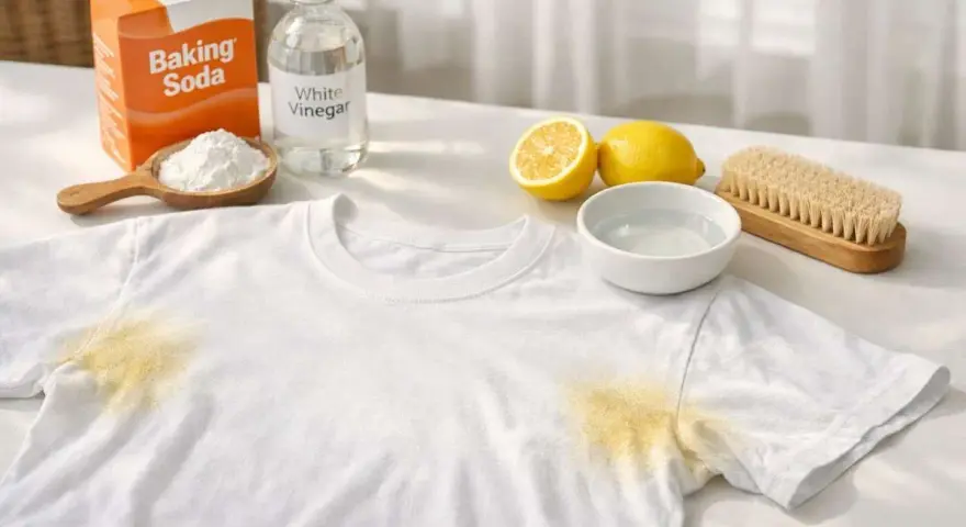 Maglietta bianca con macchie gialle sotto le ascelle, accanto a bicarbonato, aceto, limoni e spazzola per bucato.