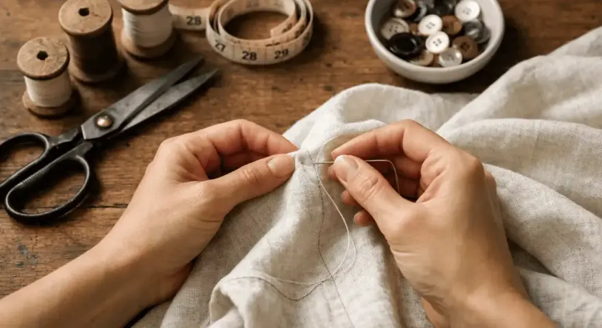 Mani che cuciono su tessuto grezzo, con forbici, rocchetti di filo e bottoni sparsi. I **sashiko schemi** ispirano la precisione del punto.