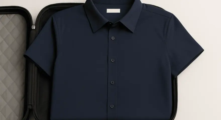 Camicia blu scuro piegata in una valigetta imbottita, un modo intelligente per capire come non stirare le camicie in viaggio.