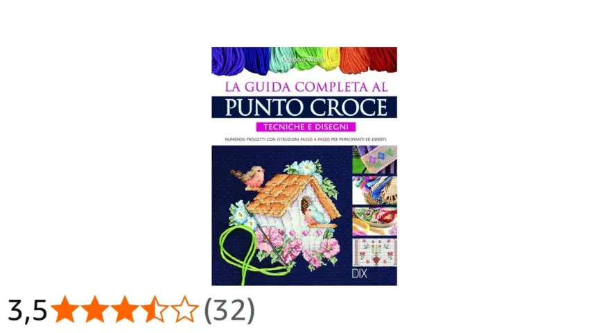 Guida completa al punto croce, con immagini di progetti, fili colorati e un uccellino su una casetta. Impara come incorniciare un ricamo punto croce.