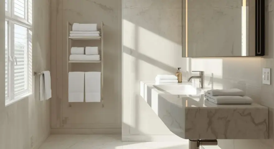 Bagno moderno con asciugamani piegati su scaffali e lavandino, stile b&b come mettere asciugamani in hotel.