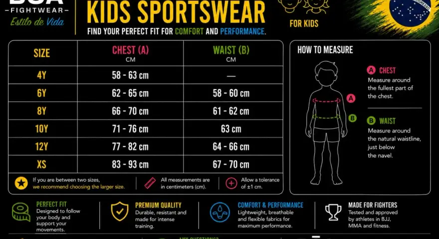 Tabella misure sartoriali bambini BOA: guida taglie sportswear, con misure di torace e vita per ogni età.