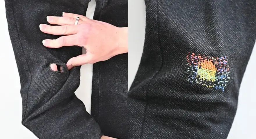 Come ricamare una stella su un buco: un'idea creativa per riparare i jeans con un tocco arcobaleno.