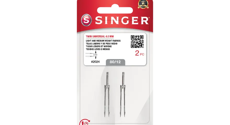 Confezione di due aghi gemelli Singer 4.0 mm, ideali per tessuti leggeri e medi. La tabella aghi per macchina da cucire indica la misura 80/12.