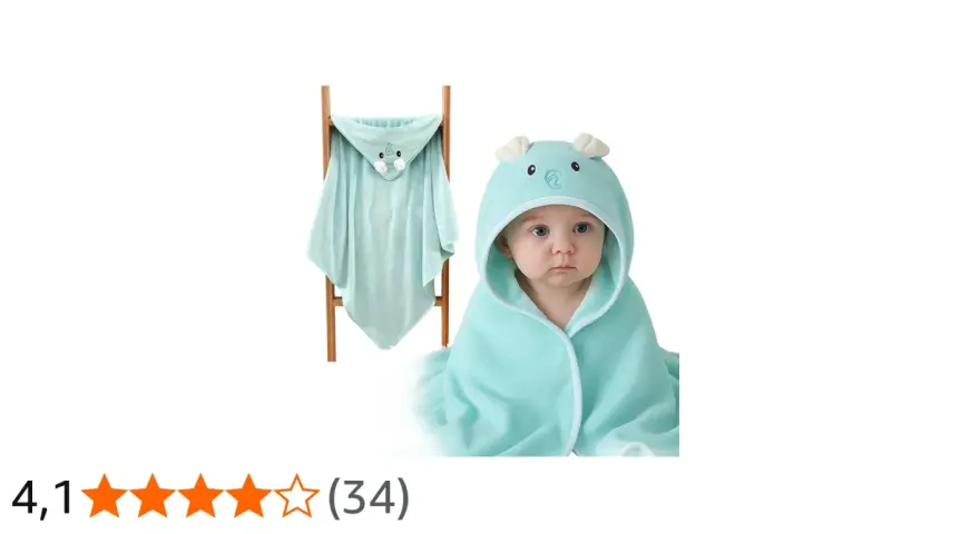 Accappatoio neonato azzurro con cappuccio a forma di animaletto. Le misure sono ideali per avvolgere il tuo piccolo dopo il bagnetto.