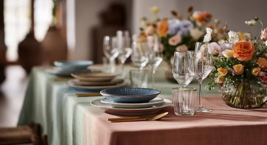 Tavola apparecchiata con piatti blu e beige, bicchieri e fiori colorati. Un esempio di come abbinare i piatti alla tovaglia sfumata.