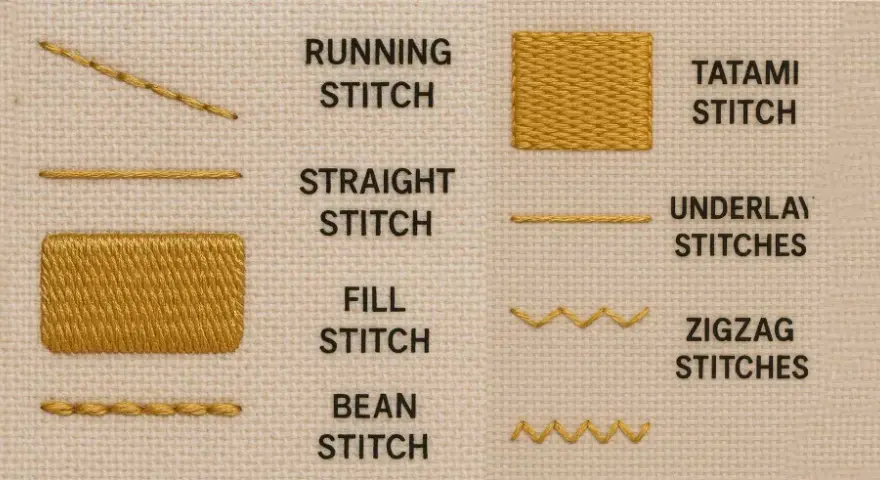 Esempi di punti ricamo: running stitch, straight stitch, fill stitch, bean stitch, tatami stitch, underlay stitches, zigzag stitches.