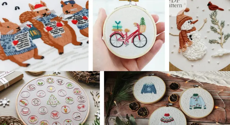 Ricami gratis per Natale: scoiattoli festosi, pupazzo di neve, bici con pacchi regalo e maglioni natalizi.