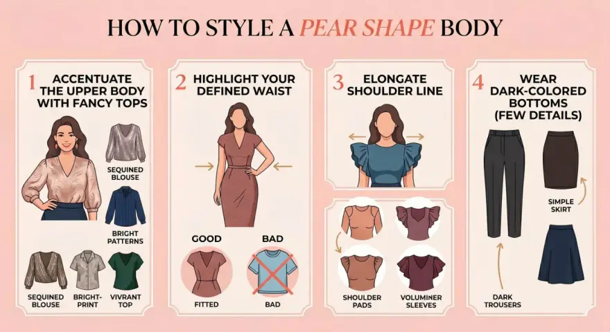 Guida per stilizzare un corpo a pera: accentua il busto, definisci il punto vita, allunga le spalle e indossa pantaloni scuri. Utile per capire come misurare le spalle donna.