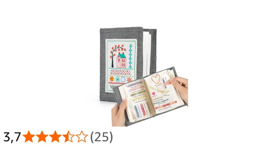 A book of embroidery stitches, with a cover featuring a house and tree, and open pages showing various stitched patterns.