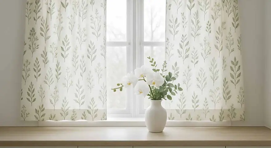 Tende fai da te con delicato motivo botanico, perfette per un tocco naturale. Un vaso di orchidee bianche completa l'arredo.