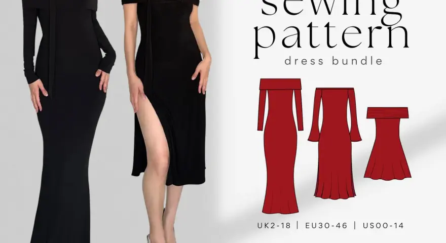 Modello per abito con scollo Bardot e tre opzioni di lunghezza vestito: maxi, midi e mini.
