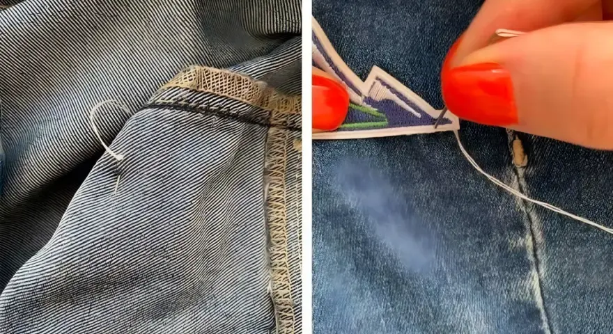 Dettaglio di come rattoppare i jeans con ago e filo, mostrando la cucitura interna e un patch decorativo applicato.