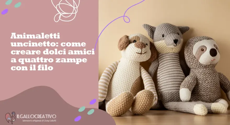 Three handmade crochet stuffed animals: a dog, a wolf, and a sloth.